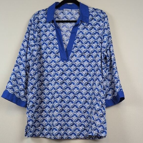 Sigrid Olsen Linen Popover 3/4 Length Sleeve Blouse Top Size XL Amalfi Blue - Picture 8 of 8